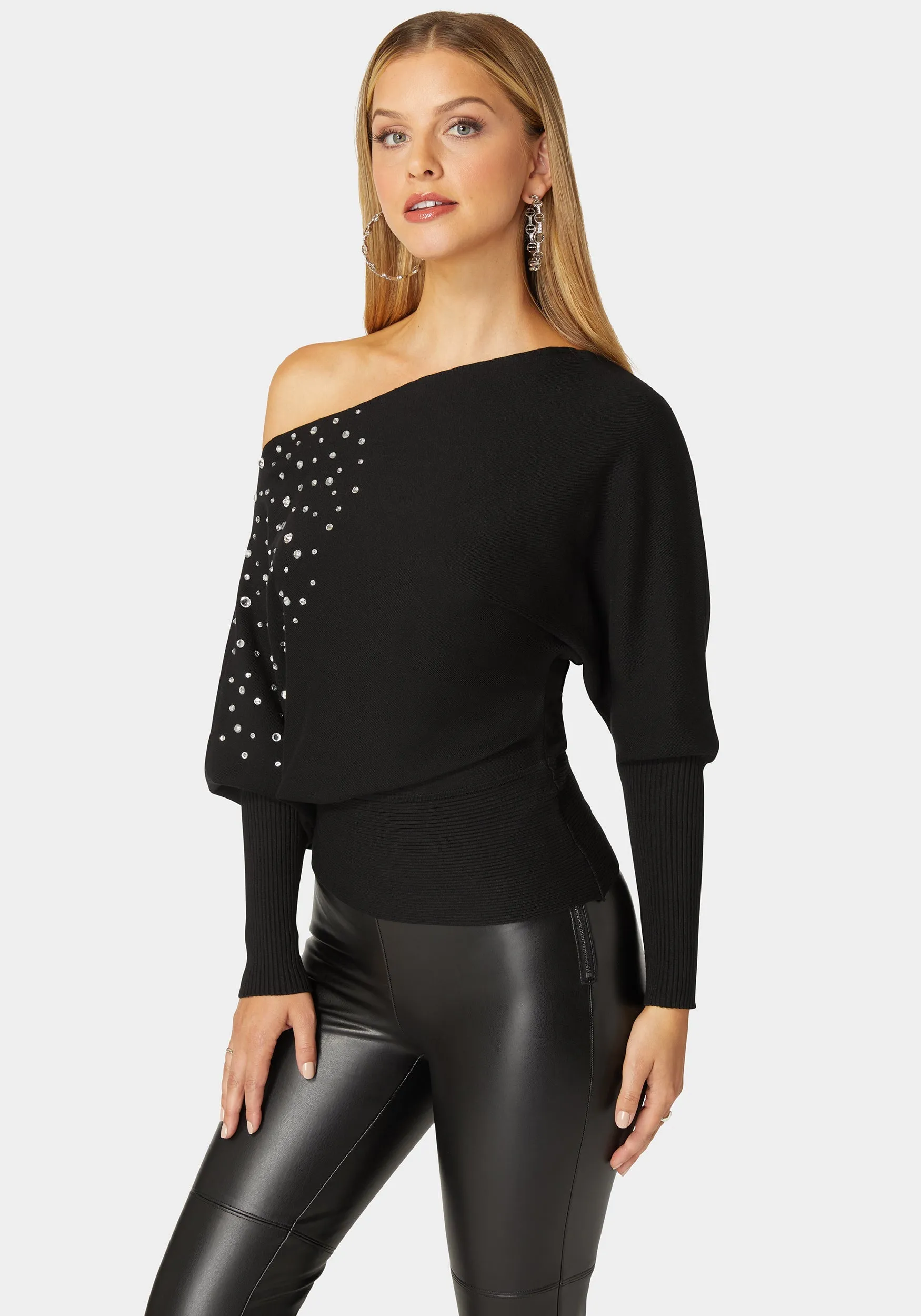 Off Shoulder Studded Dolman Sleeve Sweater