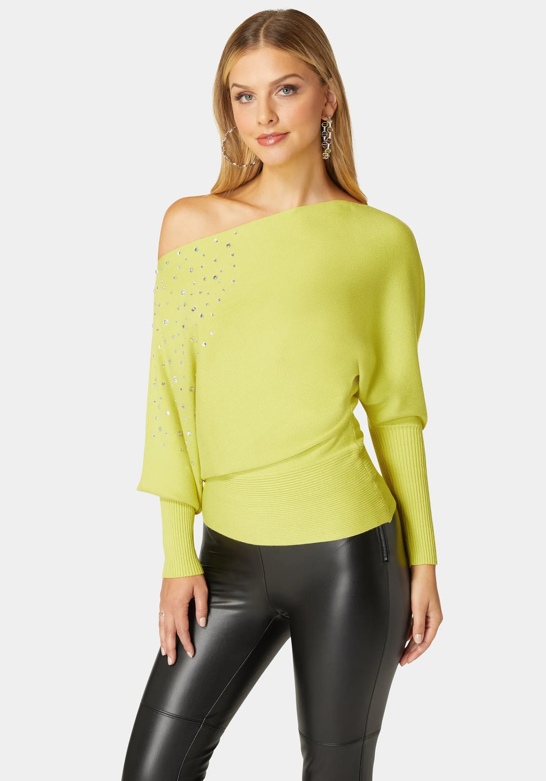 Off Shoulder Studded Dolman Sleeve Sweater