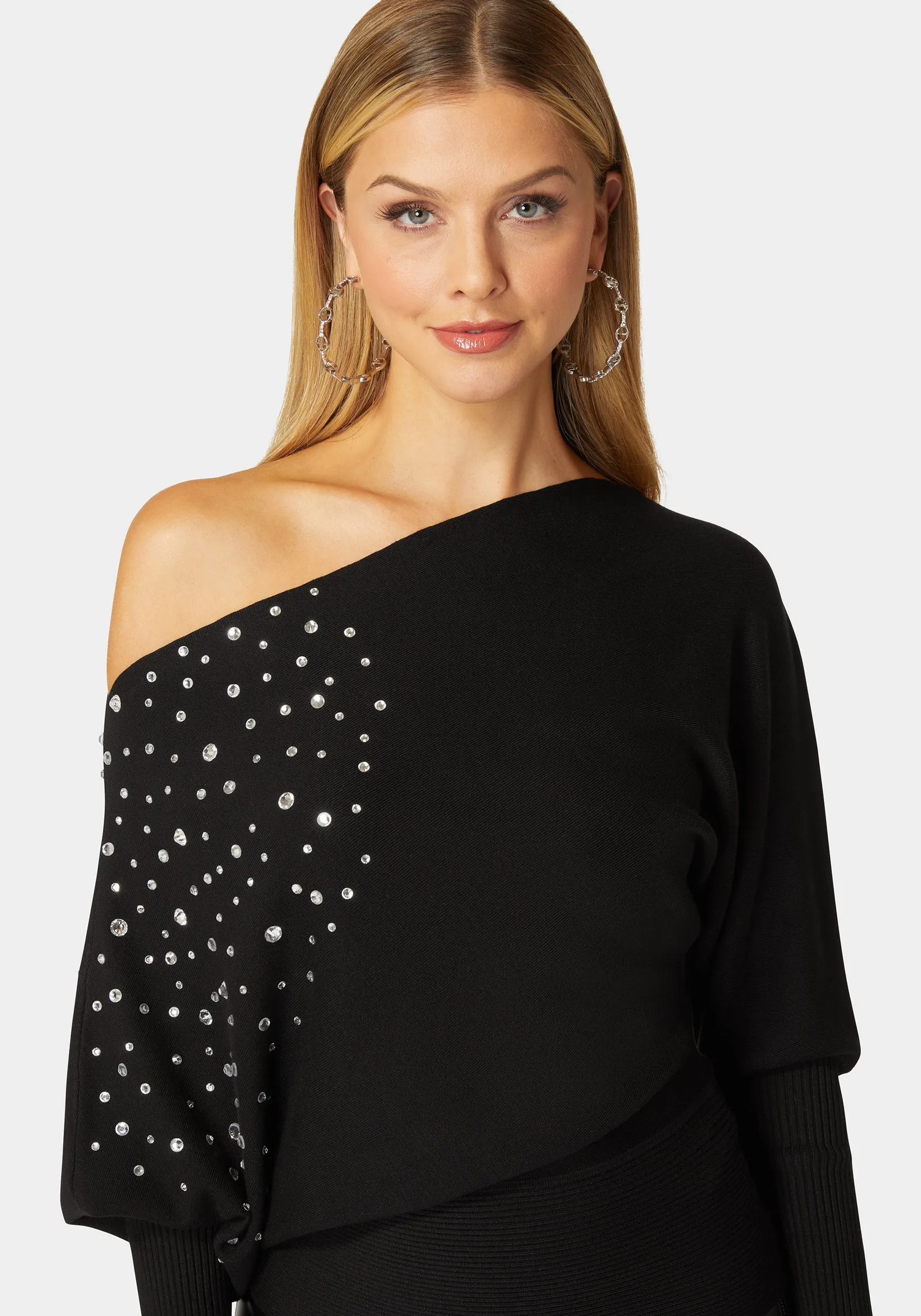 Off Shoulder Studded Dolman Sleeve Sweater