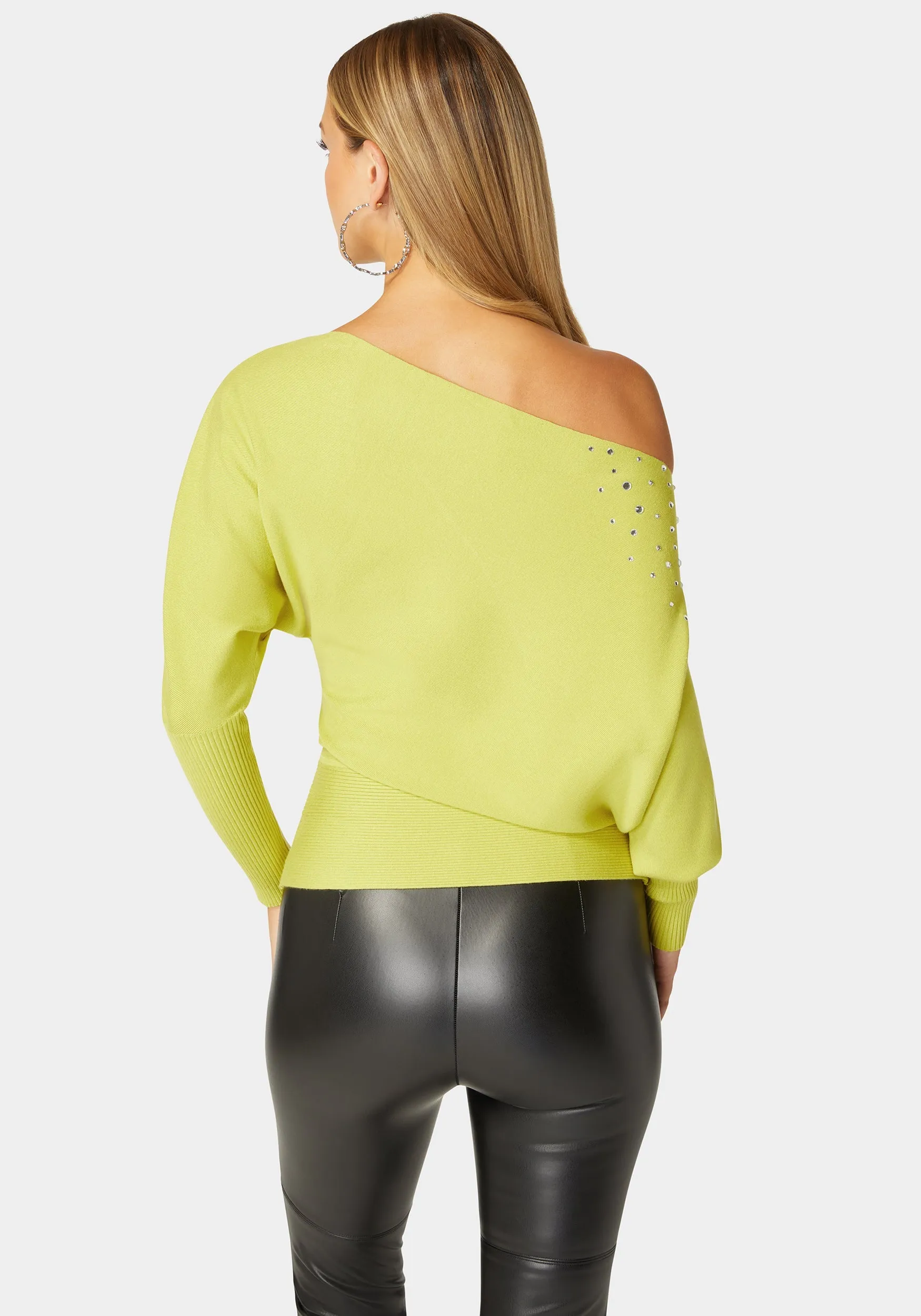 Off Shoulder Studded Dolman Sleeve Sweater
