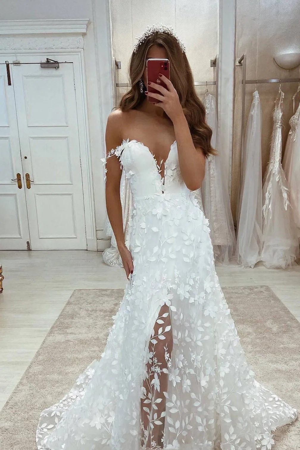 Off the Shoulder V-neck Flower Lace Wedding Dresses