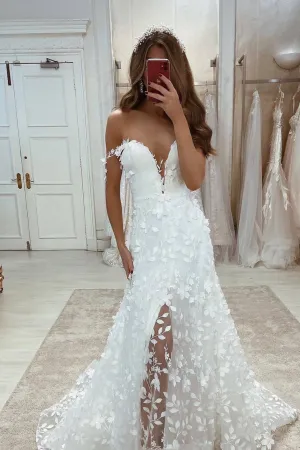 Off the Shoulder V-neck Flower Lace Wedding Dresses