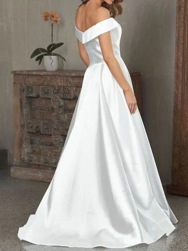Off the Shoulder V Neck White Satin Long Prom, V Neck Off Shoulder White Formal Evening