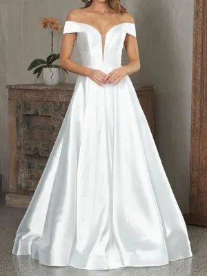 Off the Shoulder V Neck White Satin Long Prom, V Neck Off Shoulder White Formal Evening