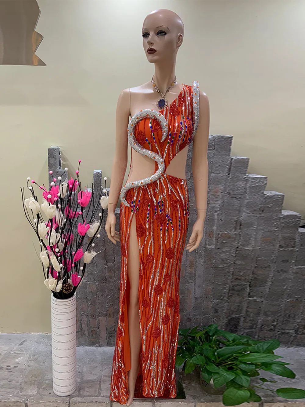 One Shoulder Sleeveless Sequins Maxi Bodycon Dress HT898