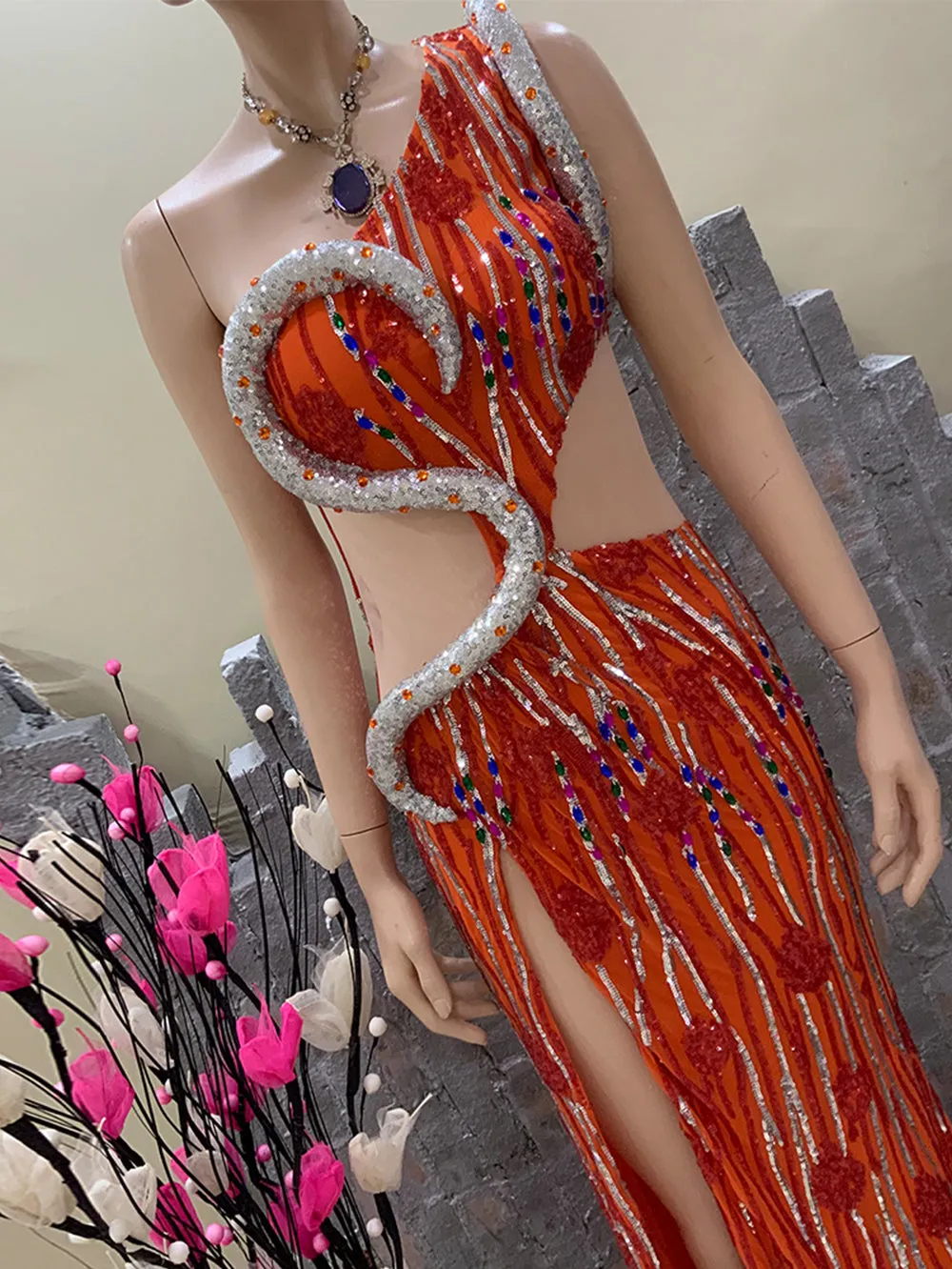 One Shoulder Sleeveless Sequins Maxi Bodycon Dress HT898