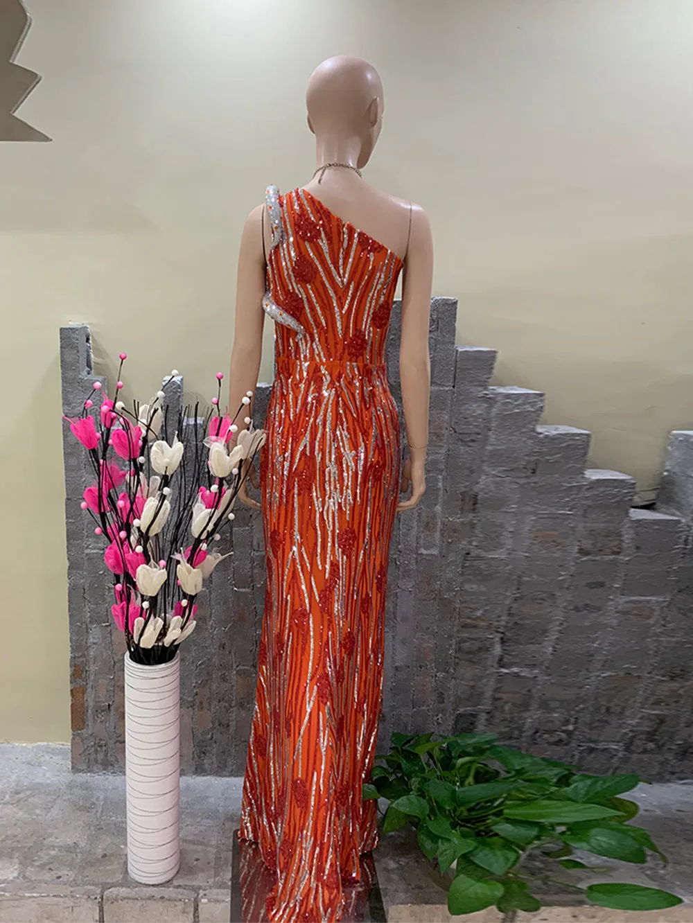 One Shoulder Sleeveless Sequins Maxi Bodycon Dress HT898