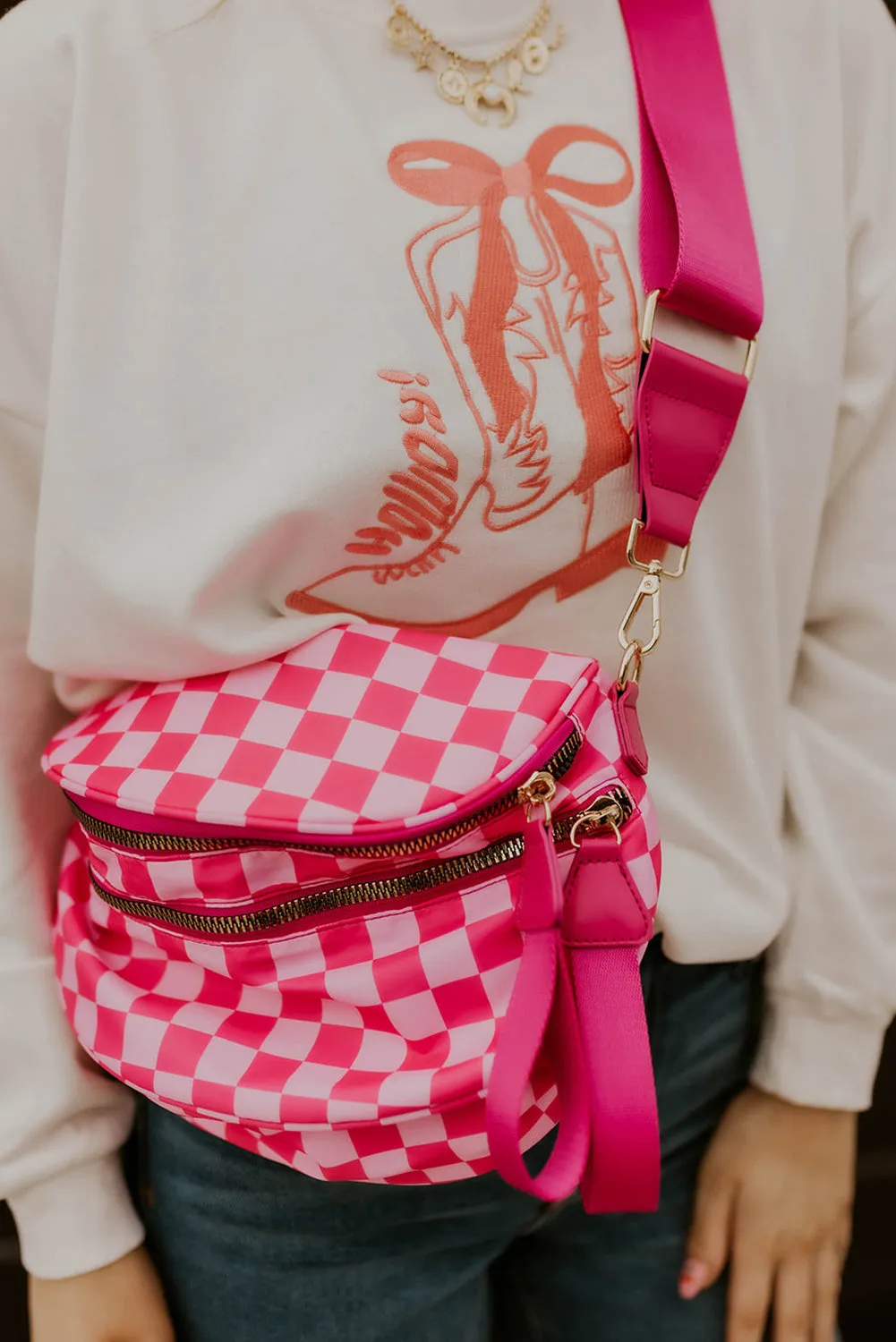 Paige, Checkered Print Wide Strap Large Crossbody Bag