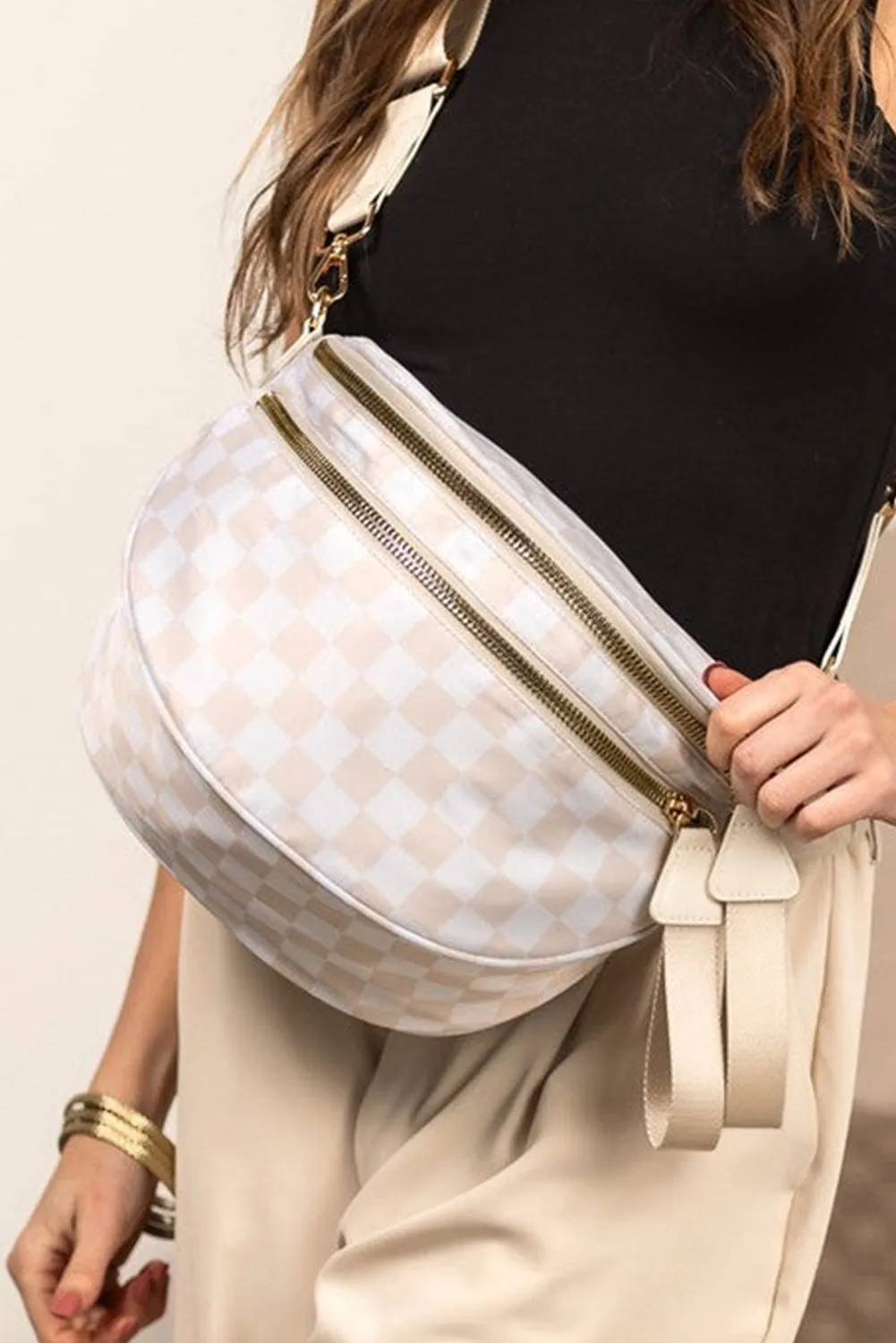 Paige, Checkered Print Wide Strap Large Crossbody Bag