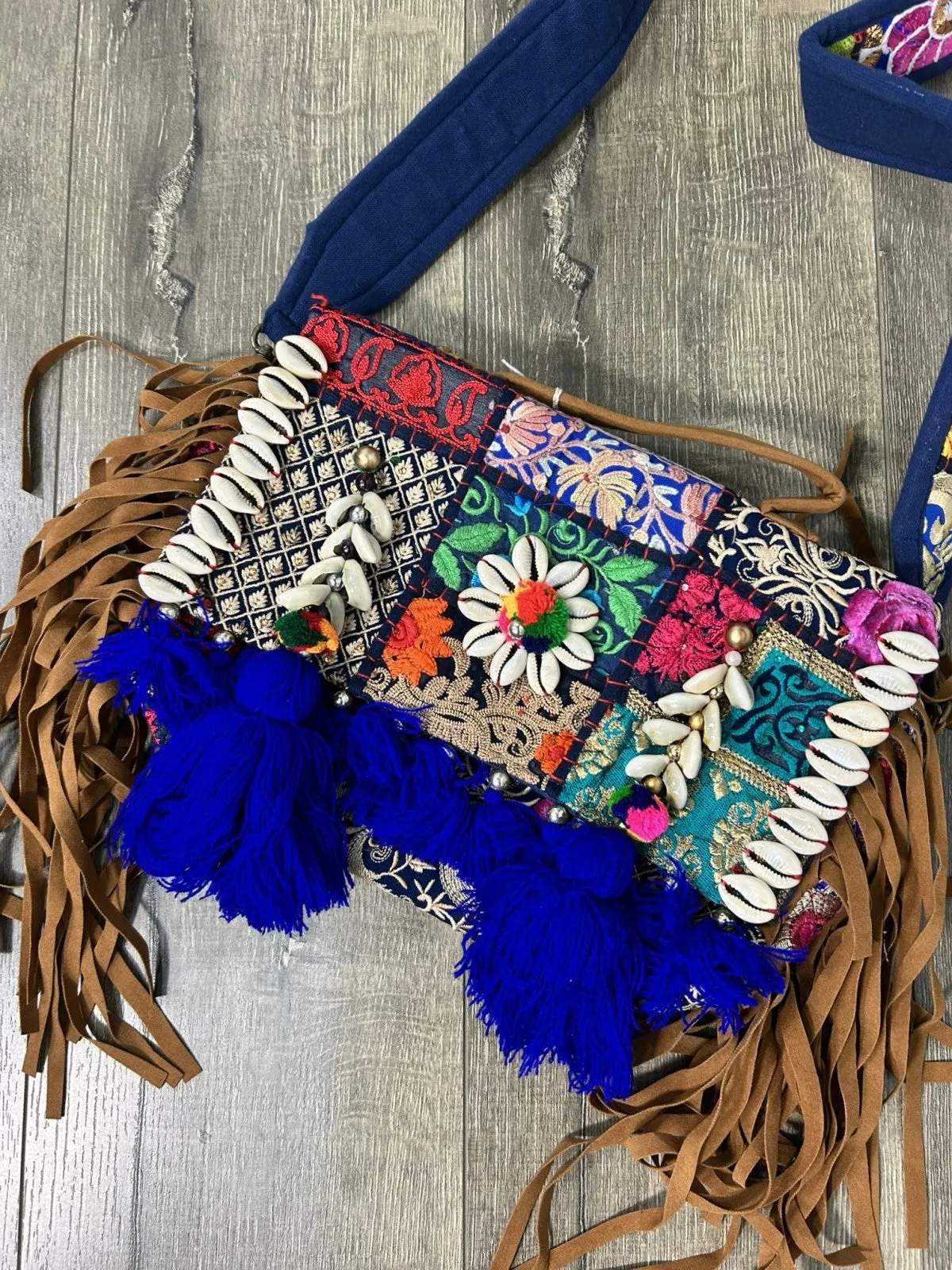 Patch Embroidered Bag With Leather Tassels