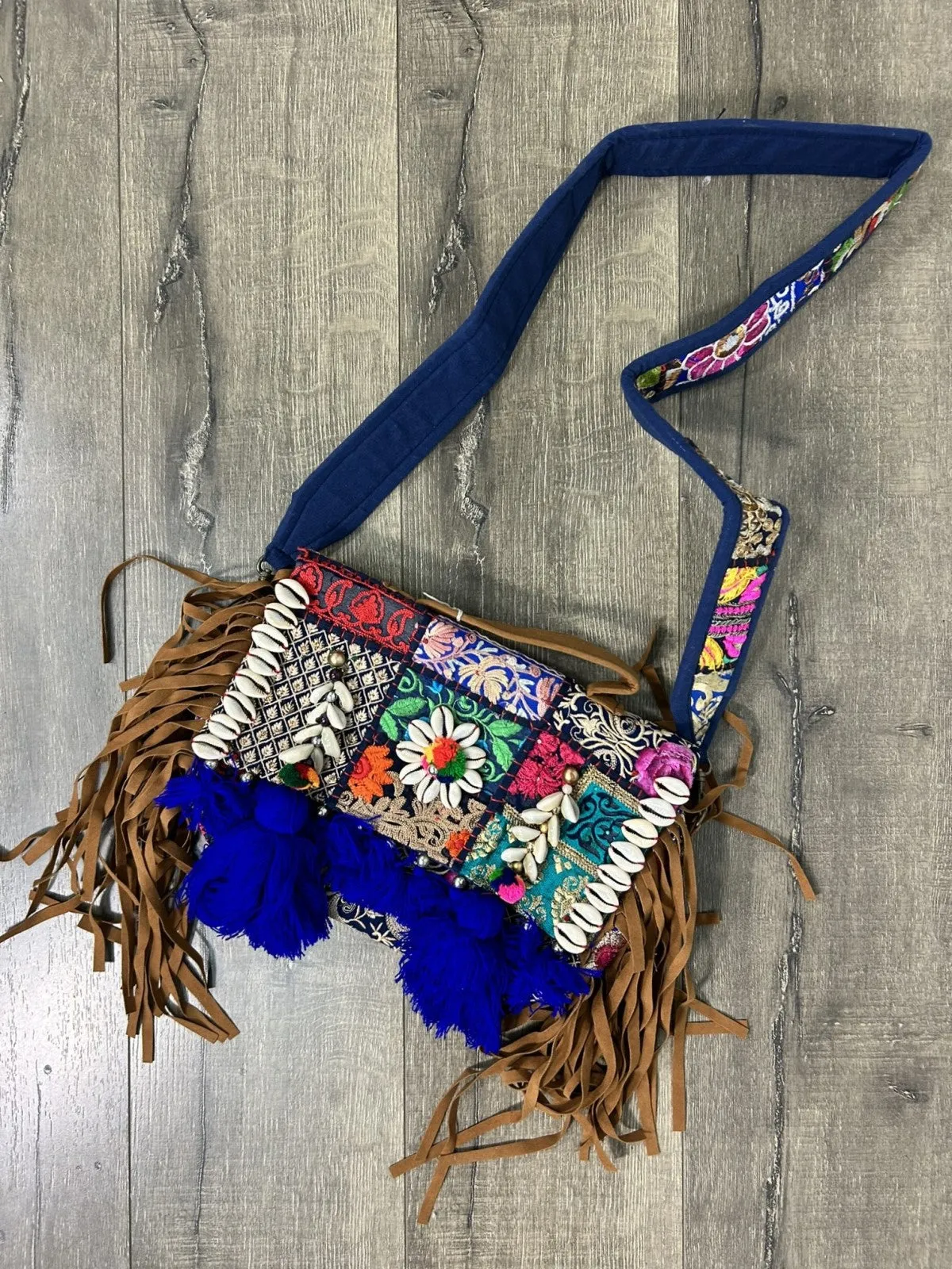 Patch Embroidered Bag With Leather Tassels
