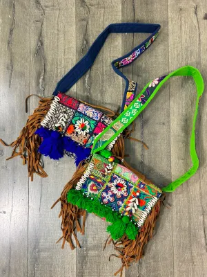 Patch Embroidered Bag With Leather Tassels
