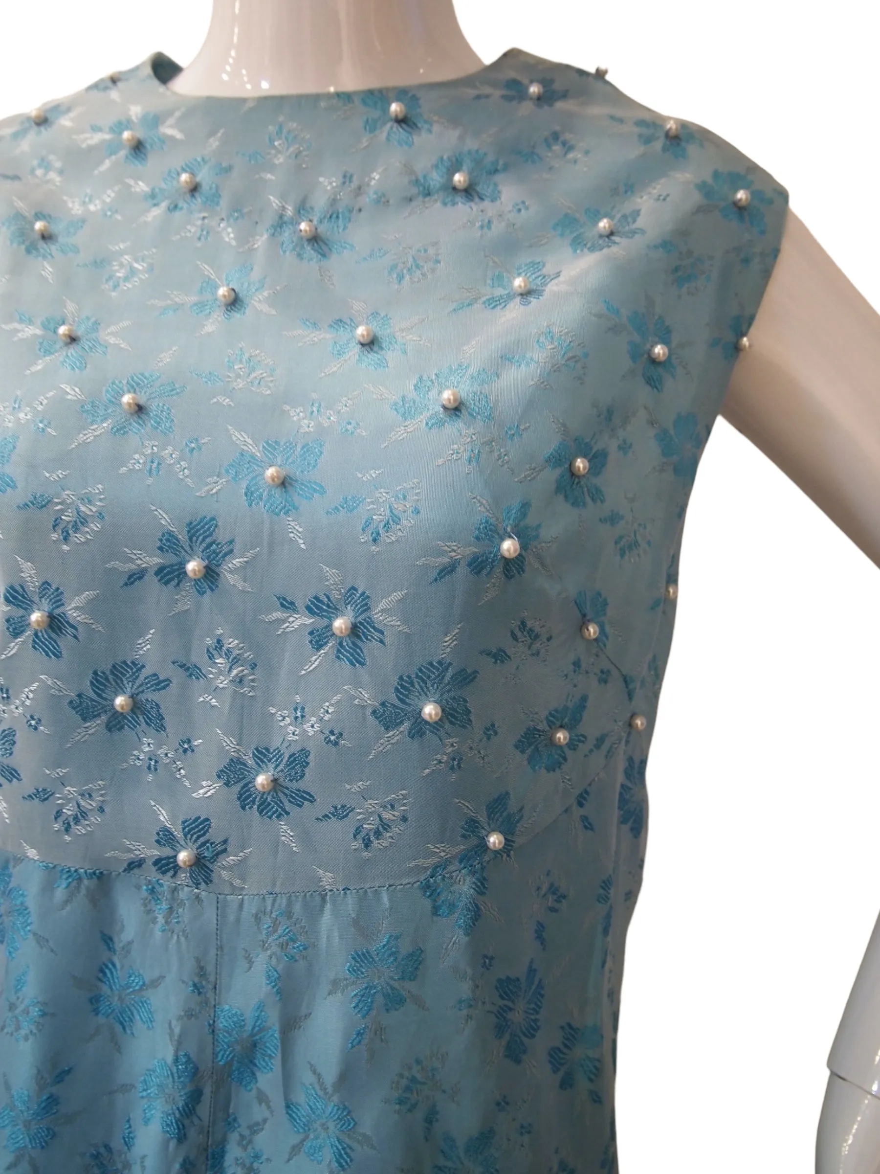 PEARL STUDDED - 1960s Blue Brocade With Quirky Faux Pearls Maxi Cocktail Dress