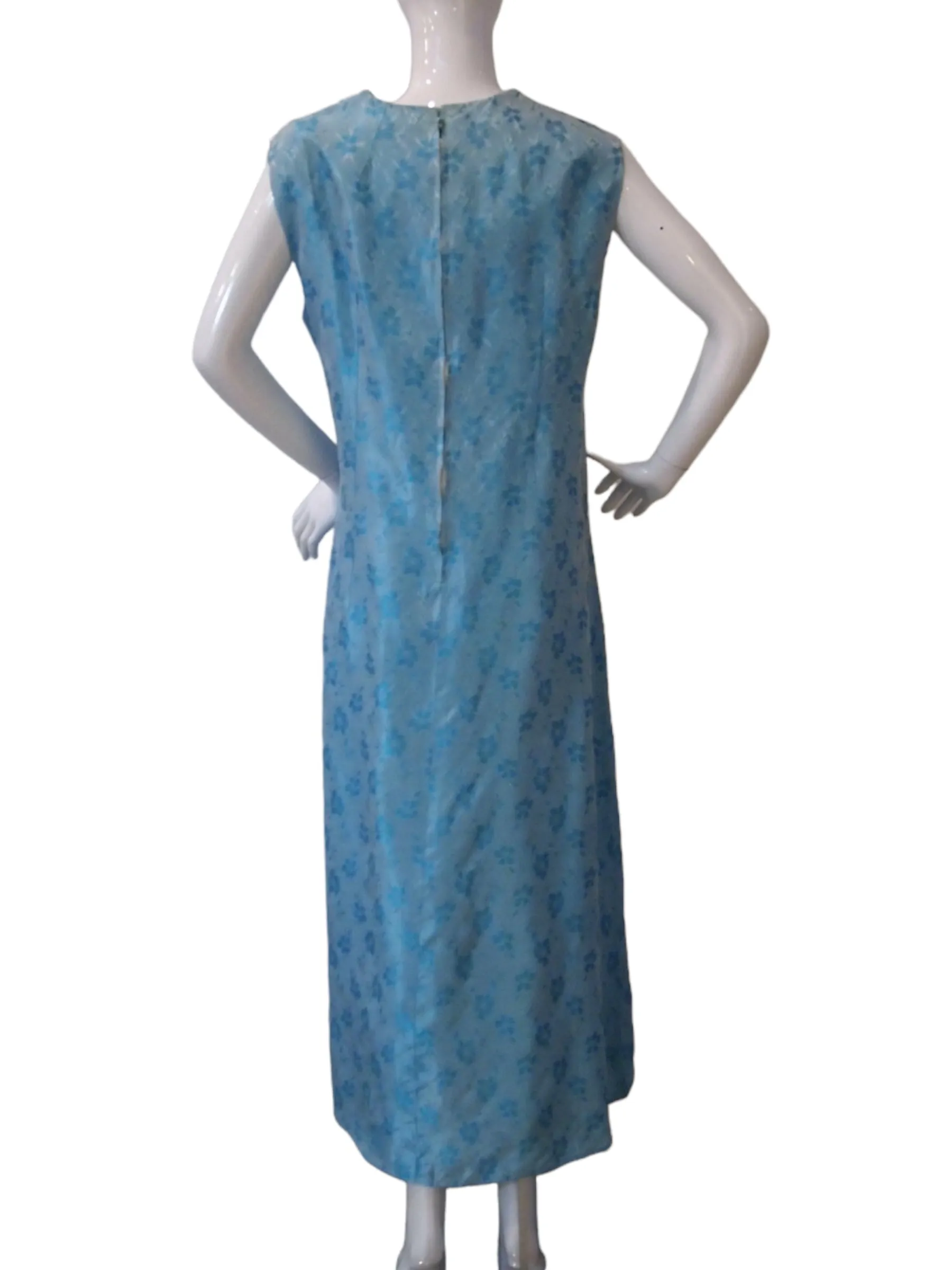 PEARL STUDDED - 1960s Blue Brocade With Quirky Faux Pearls Maxi Cocktail Dress
