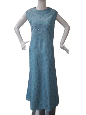 PEARL STUDDED - 1960s Blue Brocade With Quirky Faux Pearls Maxi Cocktail Dress