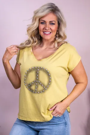 Perfect Your Peace Dusty Yellow Studded Peace Sign Top - T10226DYE