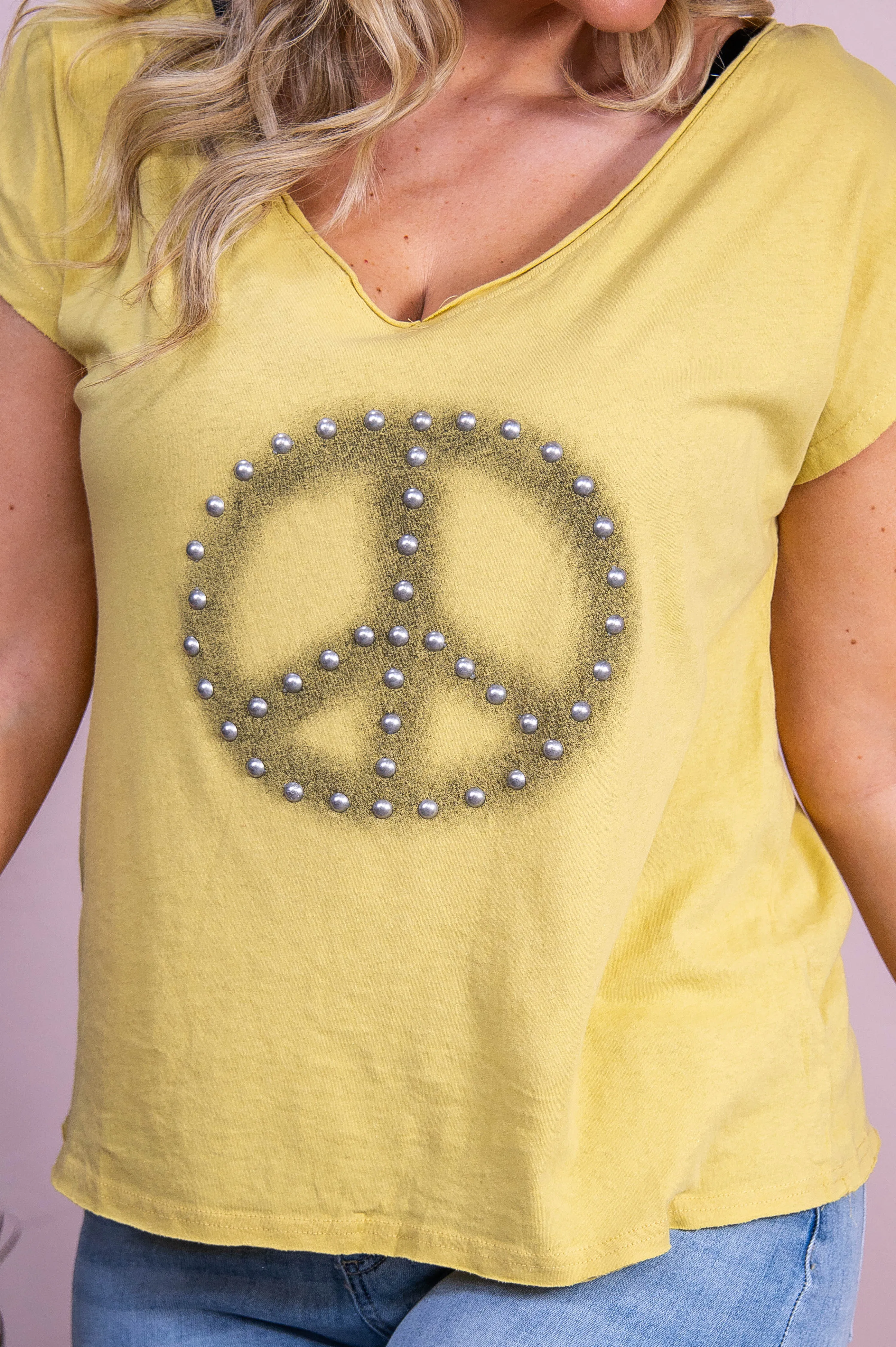 Perfect Your Peace Dusty Yellow Studded Peace Sign Top - T10226DYE