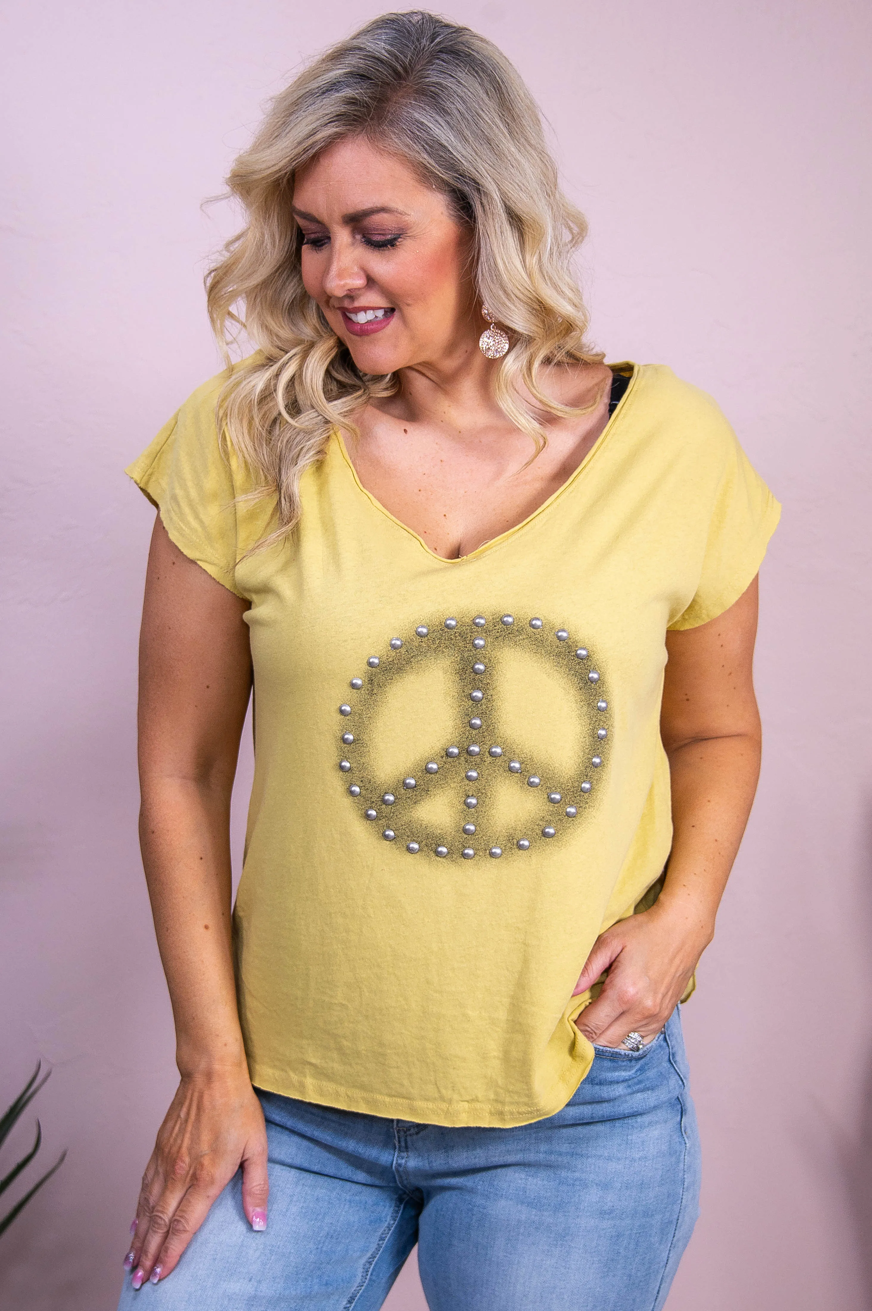 Perfect Your Peace Dusty Yellow Studded Peace Sign Top - T10226DYE