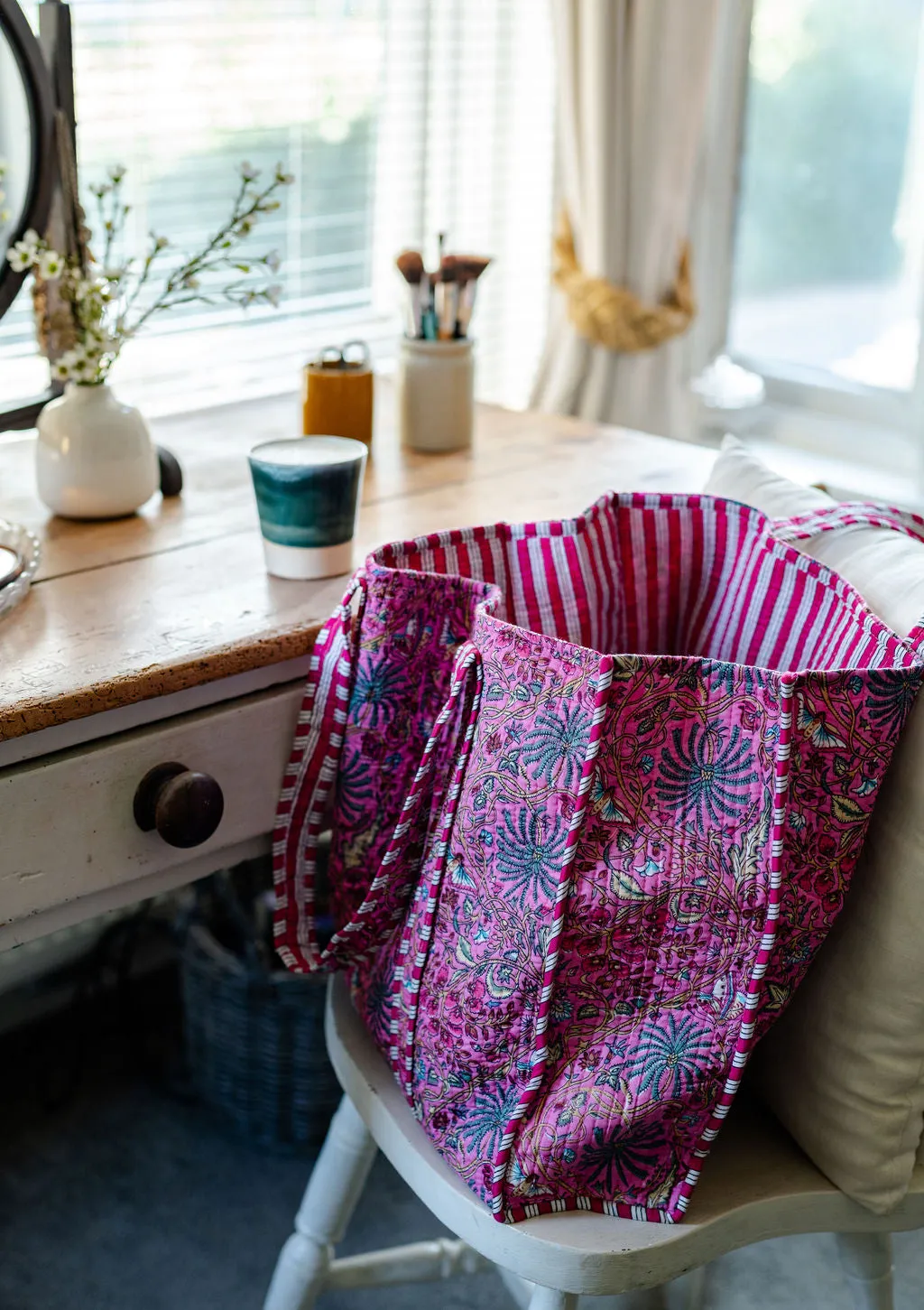 Pink Floral Large Cotton Tote Bag