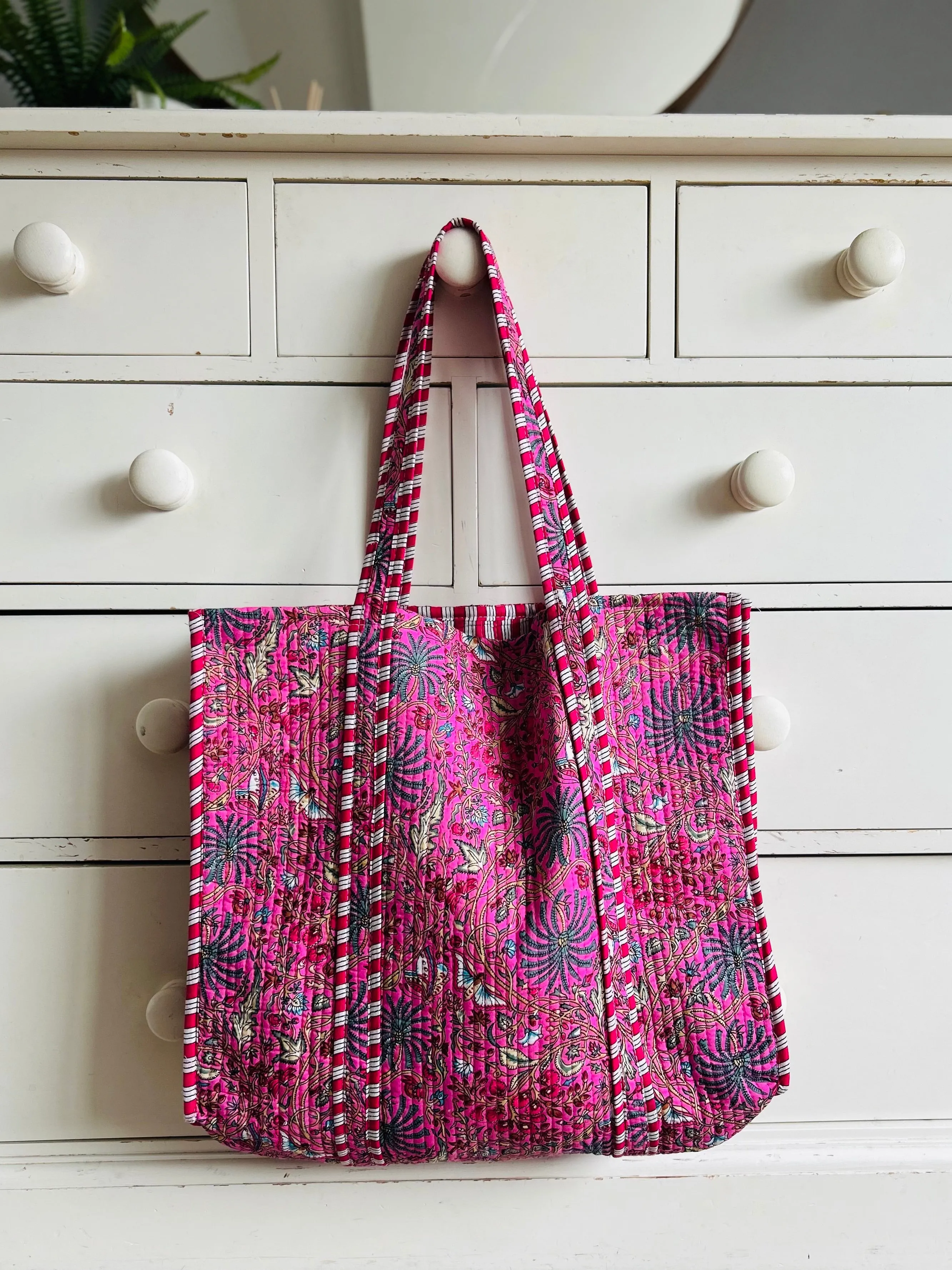 Pink Floral Large Cotton Tote Bag