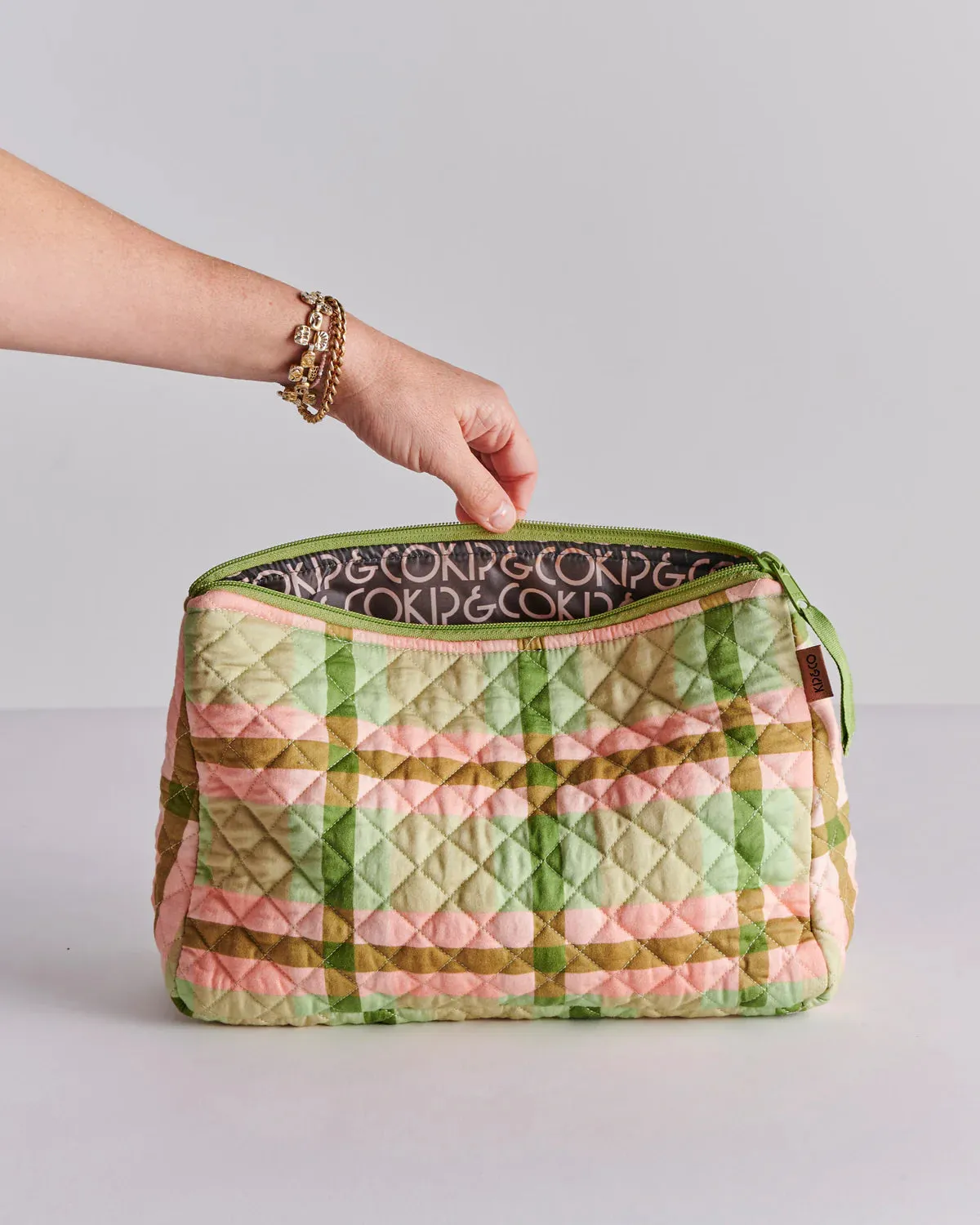 PISTACHIO TARTAN QUILTED COTTON TOILETRY PURSE