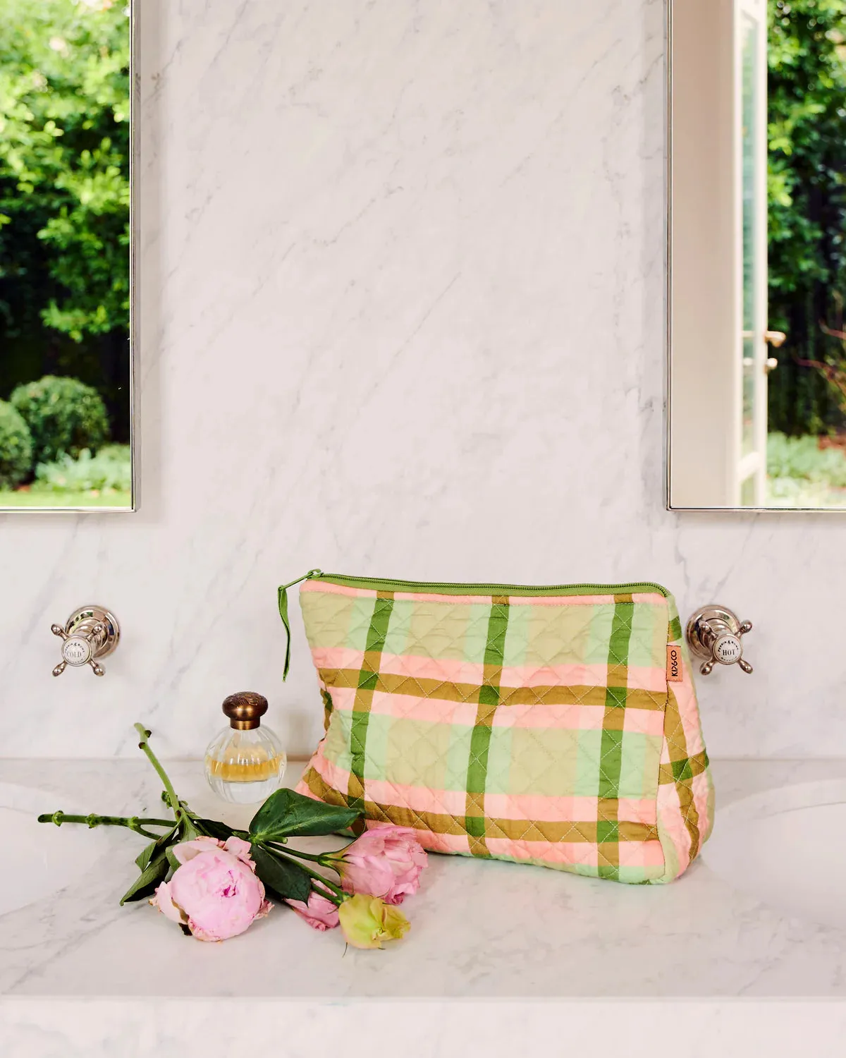 PISTACHIO TARTAN QUILTED COTTON TOILETRY PURSE