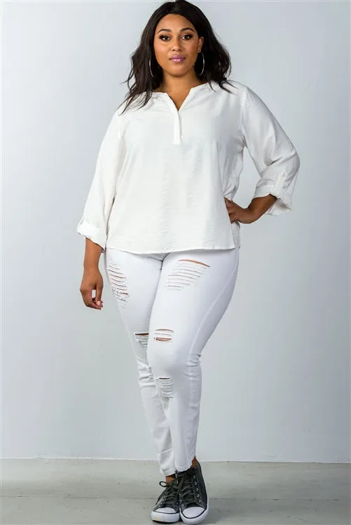 Plus || Stand Collar Blouse | Oatmeal