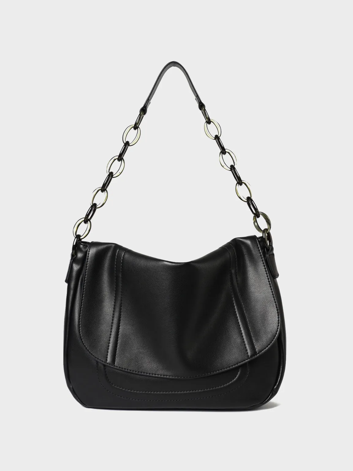 PopBae Women's Soft Leather Shoulder Bag With Chain Strap Flap Top Satchel Handbag In Black