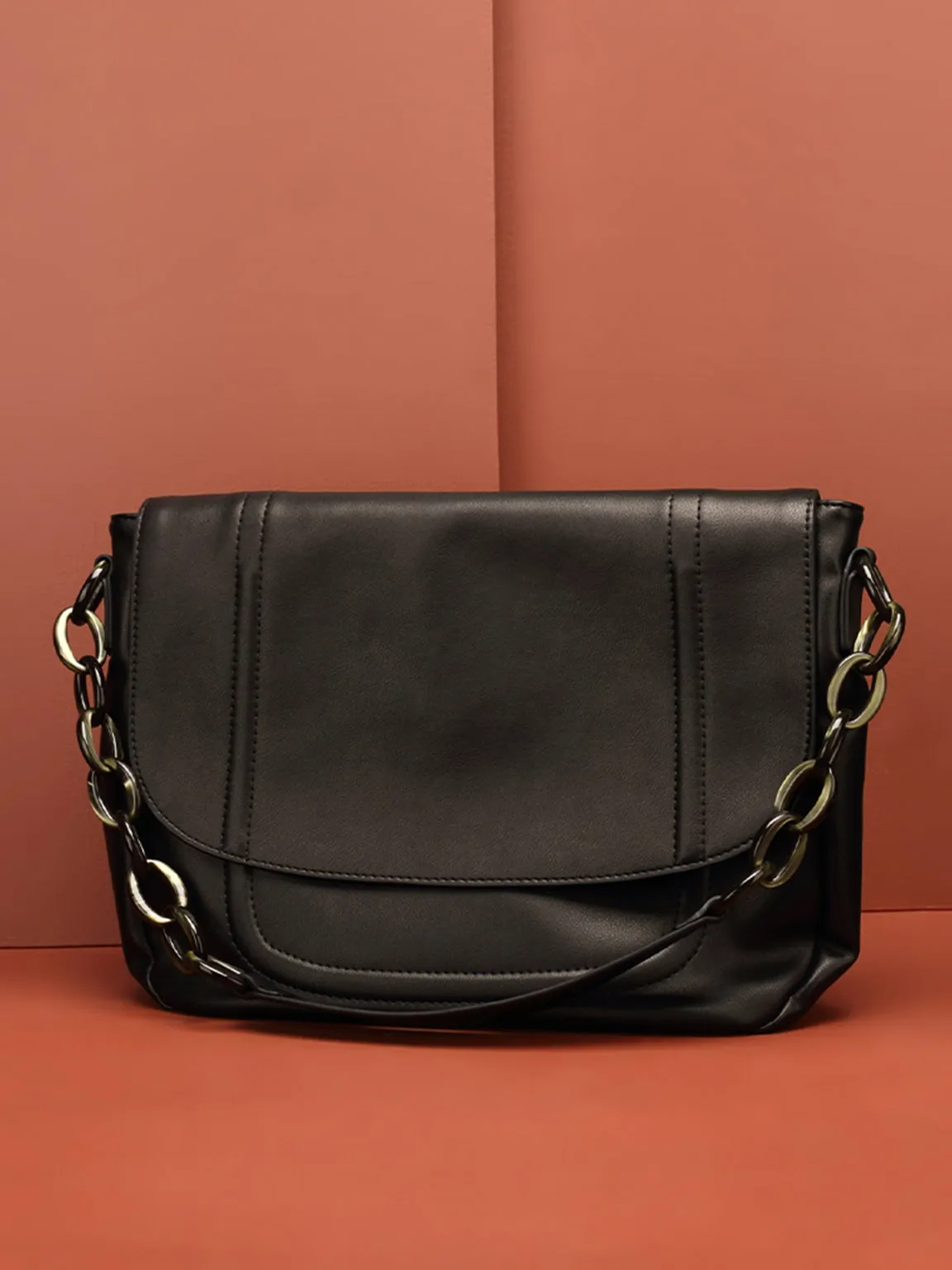 PopBae Women's Soft Leather Shoulder Bag With Chain Strap Flap Top Satchel Handbag In Black
