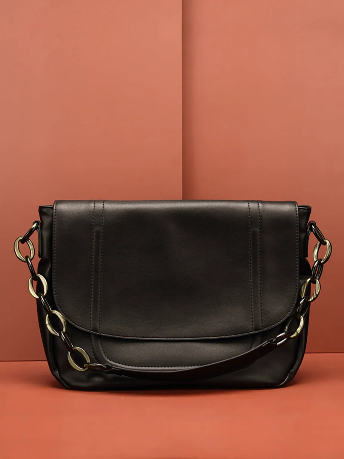 PopBae Women's Soft Leather Shoulder Bag With Chain Strap Flap Top Satchel Handbag In Black