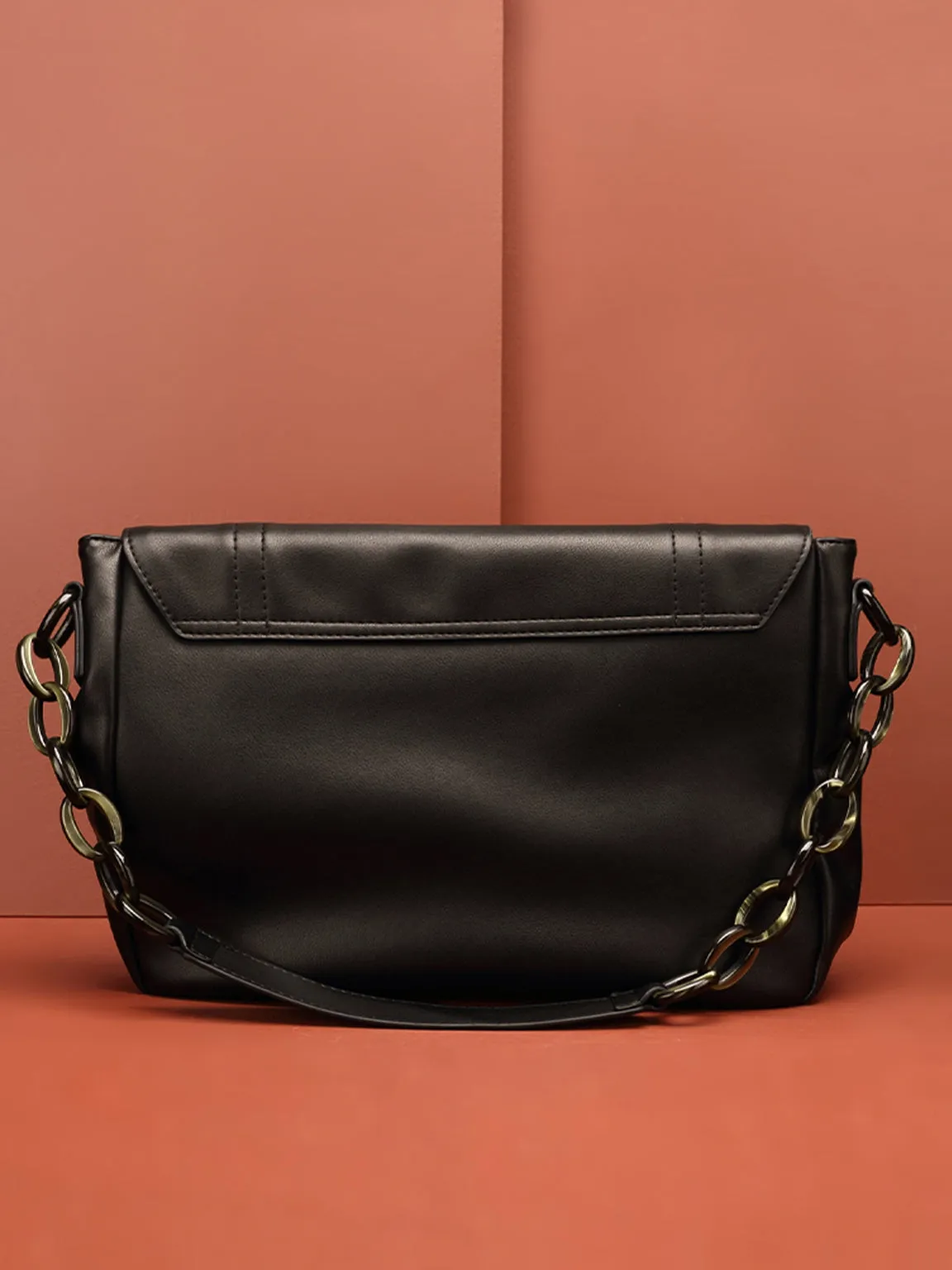 PopBae Women's Soft Leather Shoulder Bag With Chain Strap Flap Top Satchel Handbag In Black