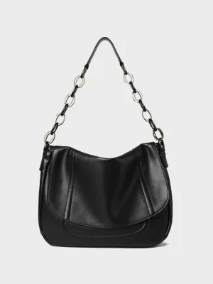 PopBae Women's Soft Leather Shoulder Bag With Chain Strap Flap Top Satchel Handbag In Black