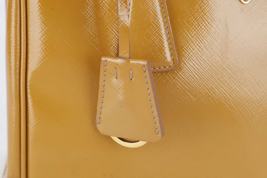 PRADA GALLERIA SMALL YELLOW GOLD SAFFIANO PATENT LEATHER GOLD HARDWARE NO DUST COVER