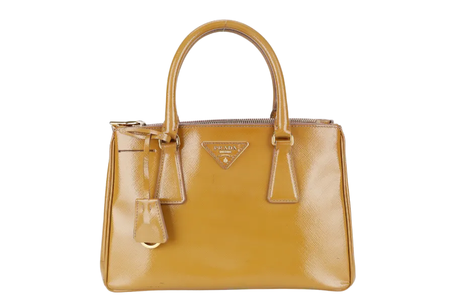 PRADA GALLERIA SMALL YELLOW GOLD SAFFIANO PATENT LEATHER GOLD HARDWARE NO DUST COVER