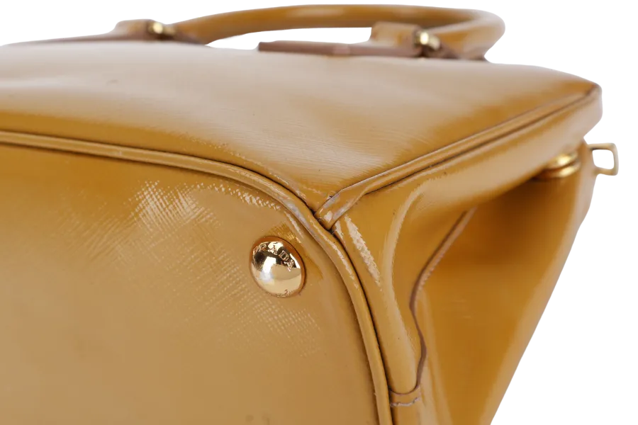 PRADA GALLERIA SMALL YELLOW GOLD SAFFIANO PATENT LEATHER GOLD HARDWARE NO DUST COVER