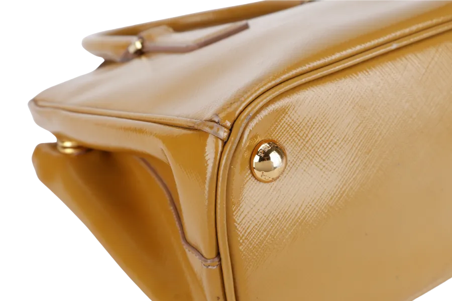 PRADA GALLERIA SMALL YELLOW GOLD SAFFIANO PATENT LEATHER GOLD HARDWARE NO DUST COVER