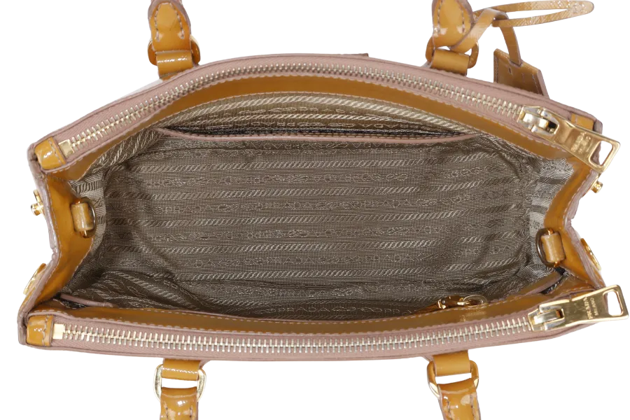 PRADA GALLERIA SMALL YELLOW GOLD SAFFIANO PATENT LEATHER GOLD HARDWARE NO DUST COVER