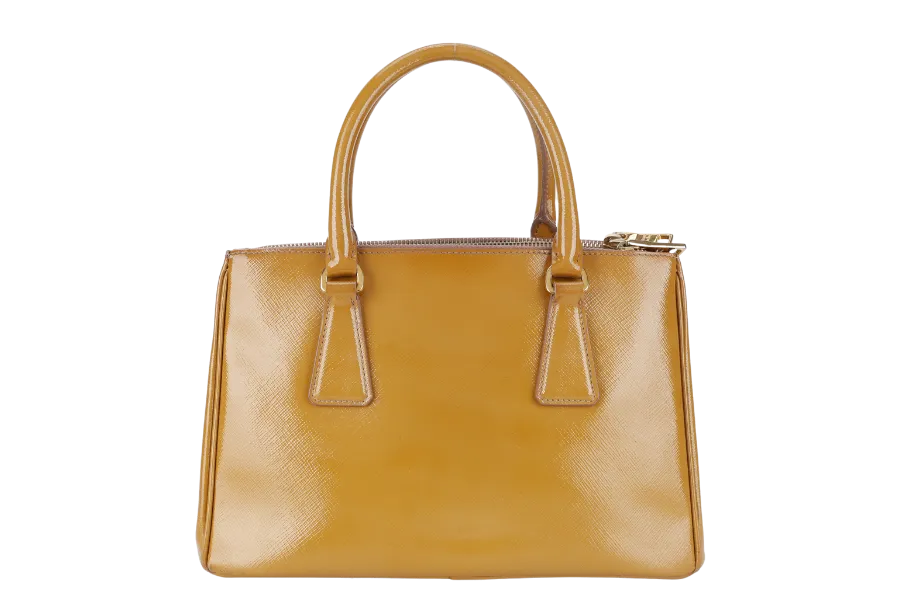 PRADA GALLERIA SMALL YELLOW GOLD SAFFIANO PATENT LEATHER GOLD HARDWARE NO DUST COVER