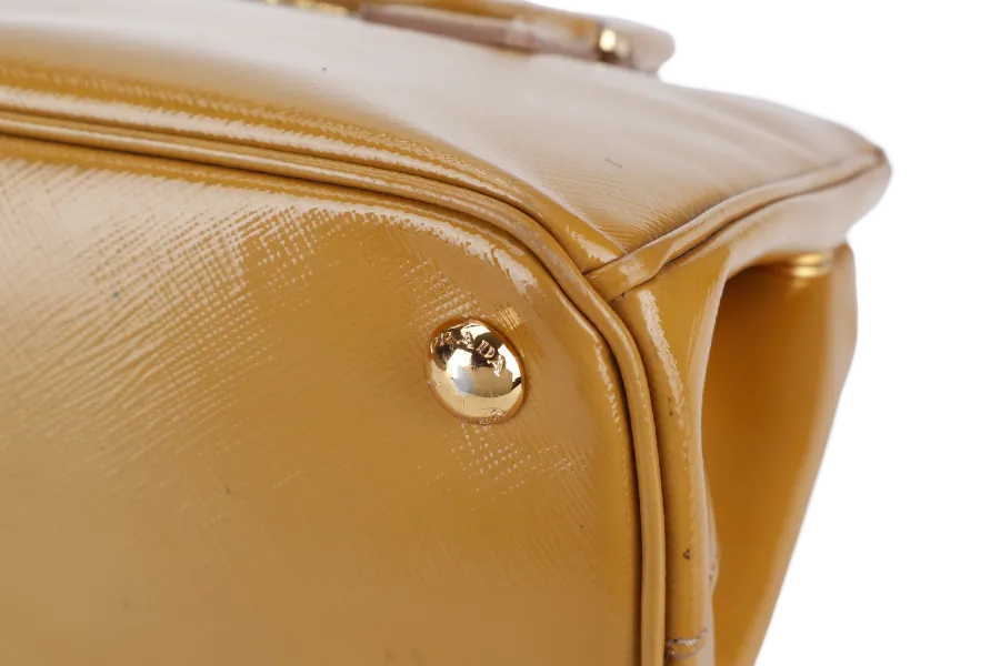 PRADA GALLERIA SMALL YELLOW GOLD SAFFIANO PATENT LEATHER GOLD HARDWARE NO DUST COVER