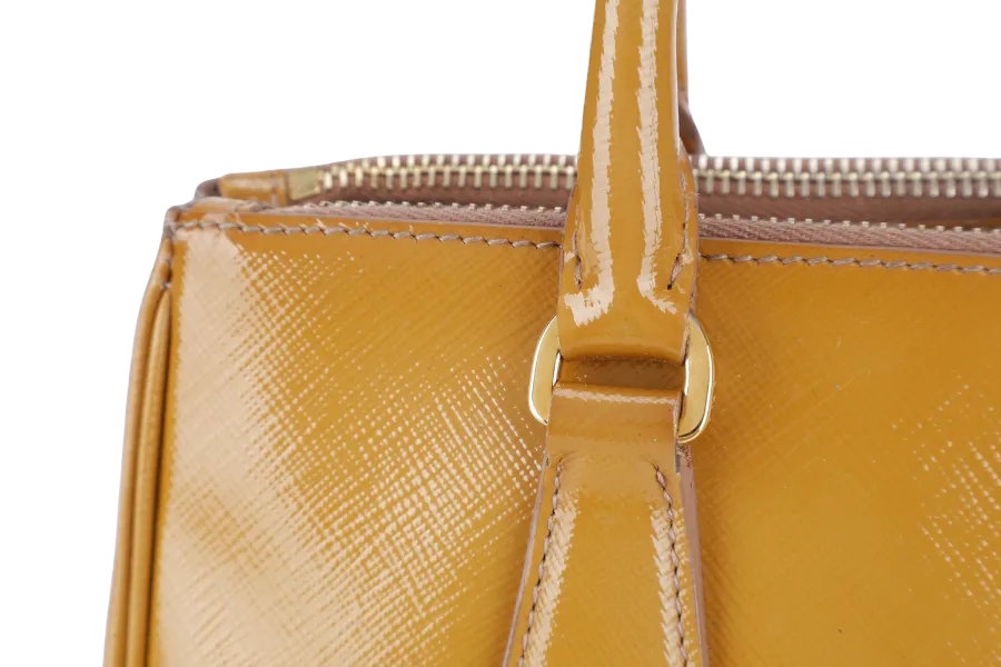 PRADA GALLERIA SMALL YELLOW GOLD SAFFIANO PATENT LEATHER GOLD HARDWARE NO DUST COVER