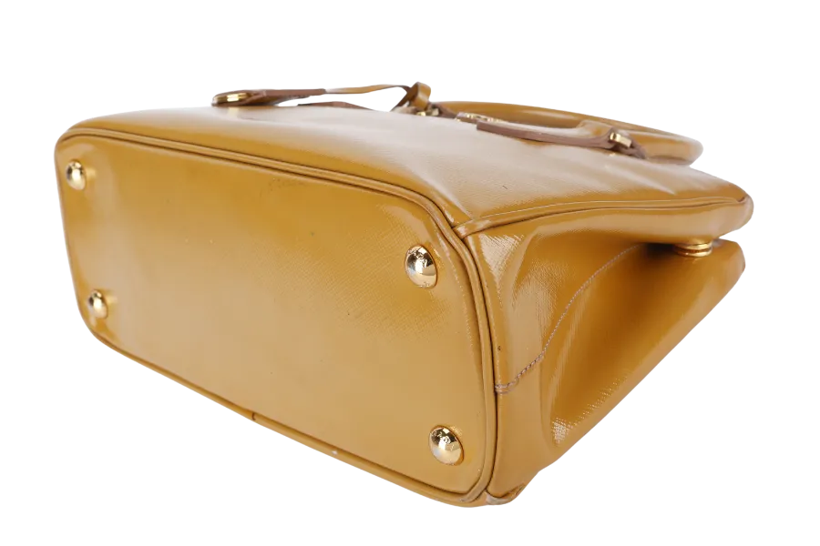 PRADA GALLERIA SMALL YELLOW GOLD SAFFIANO PATENT LEATHER GOLD HARDWARE NO DUST COVER