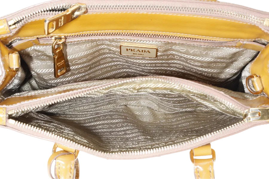 PRADA GALLERIA SMALL YELLOW GOLD SAFFIANO PATENT LEATHER GOLD HARDWARE NO DUST COVER
