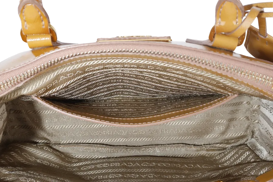 PRADA GALLERIA SMALL YELLOW GOLD SAFFIANO PATENT LEATHER GOLD HARDWARE NO DUST COVER