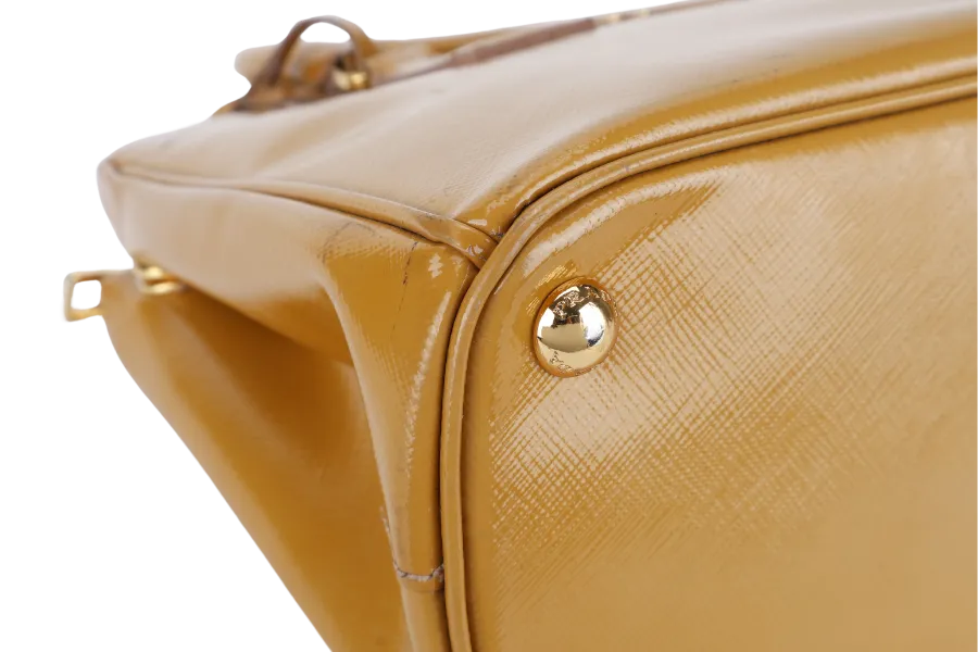 PRADA GALLERIA SMALL YELLOW GOLD SAFFIANO PATENT LEATHER GOLD HARDWARE NO DUST COVER