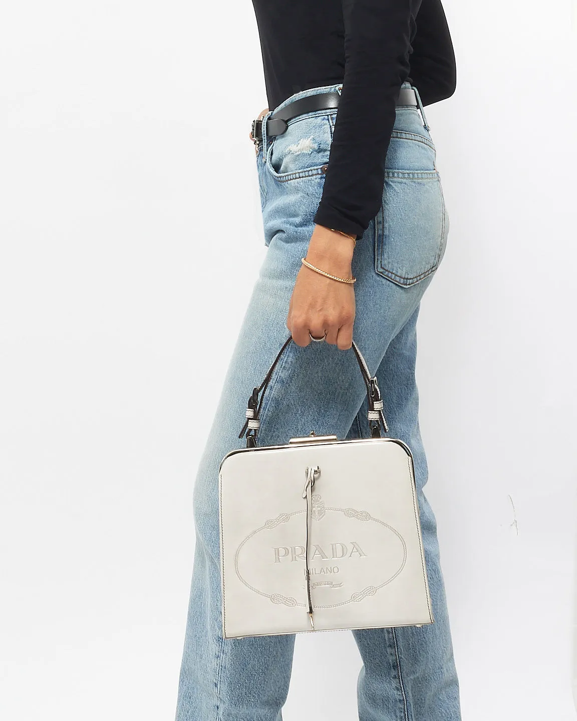 Prada Vintage Light Grey Patent Leather Spazzolato Logo Bag