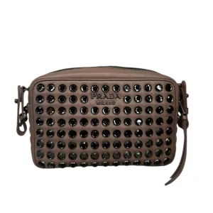 PRE-OWNED Beige Leather Crystal Studded Camera Bag