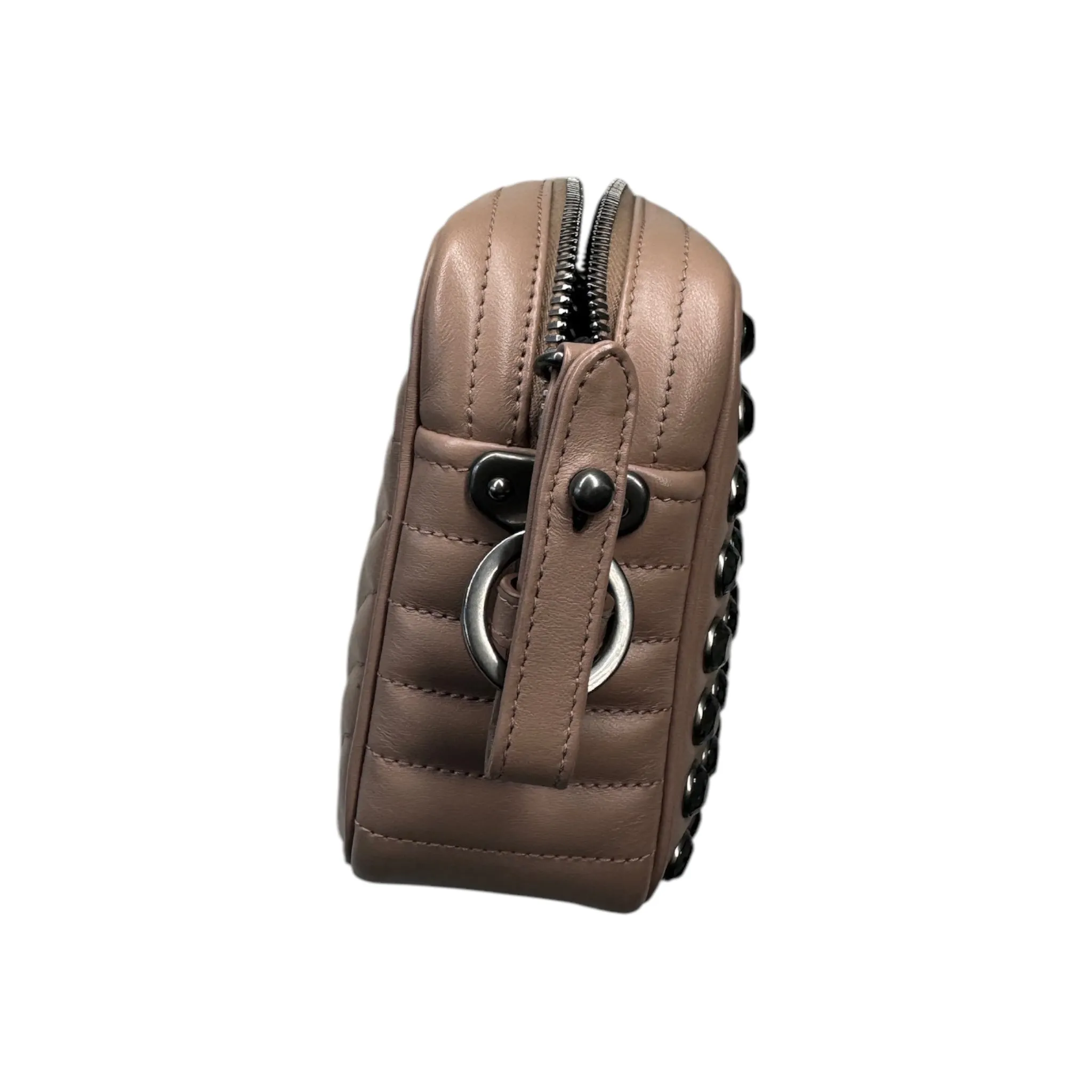 PRE-OWNED Beige Leather Crystal Studded Camera Bag