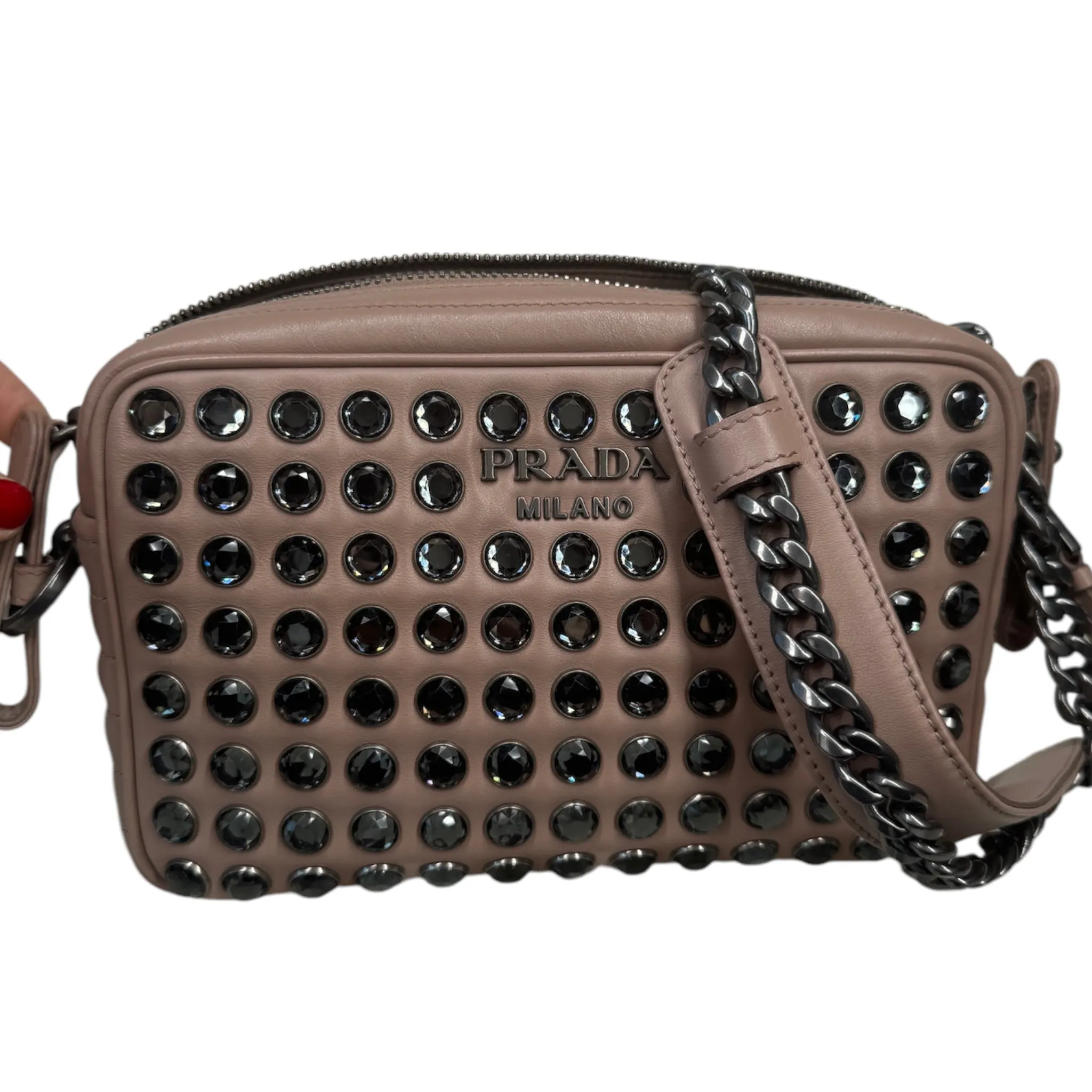 PRE-OWNED Beige Leather Crystal Studded Camera Bag