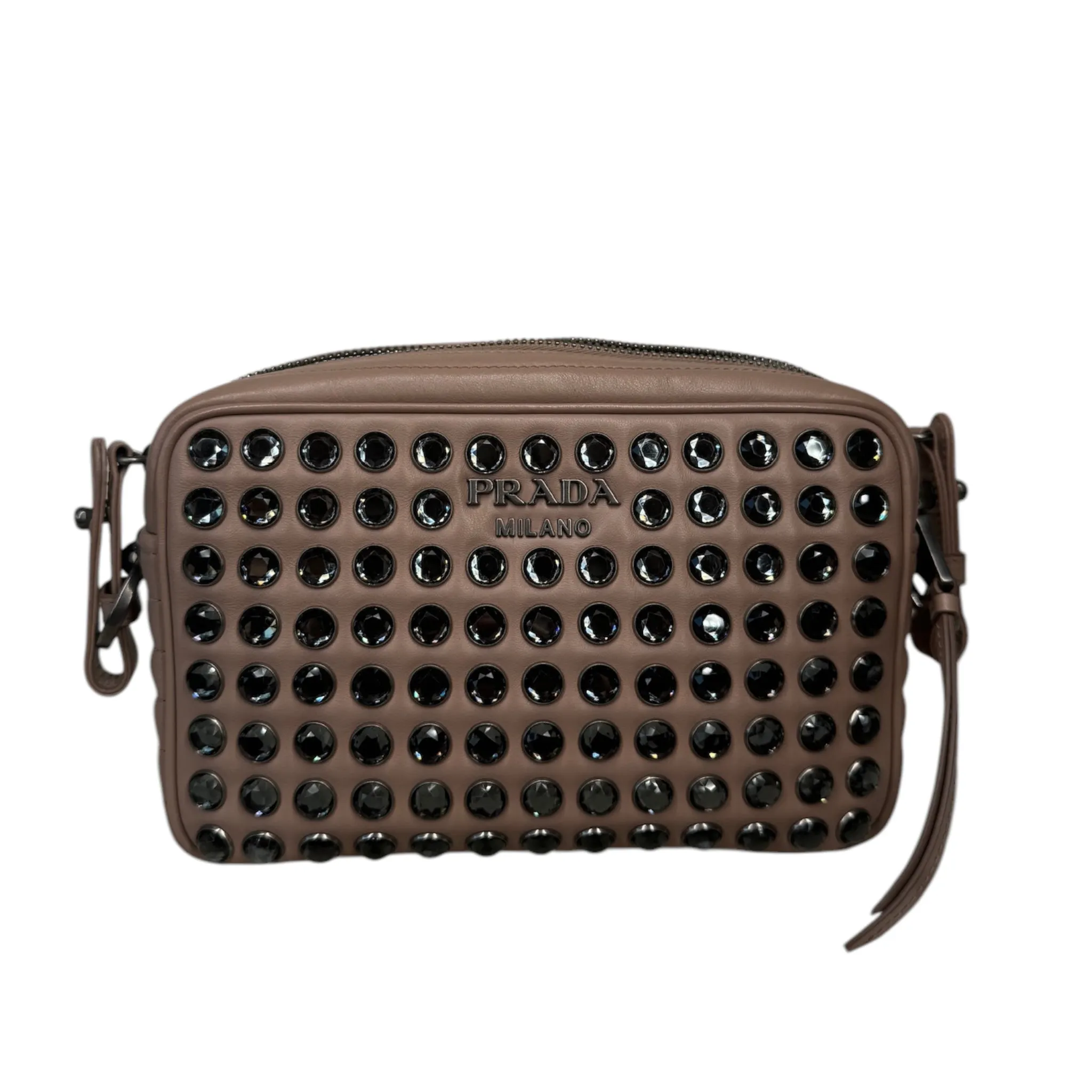 PRE-OWNED Beige Leather Crystal Studded Camera Bag