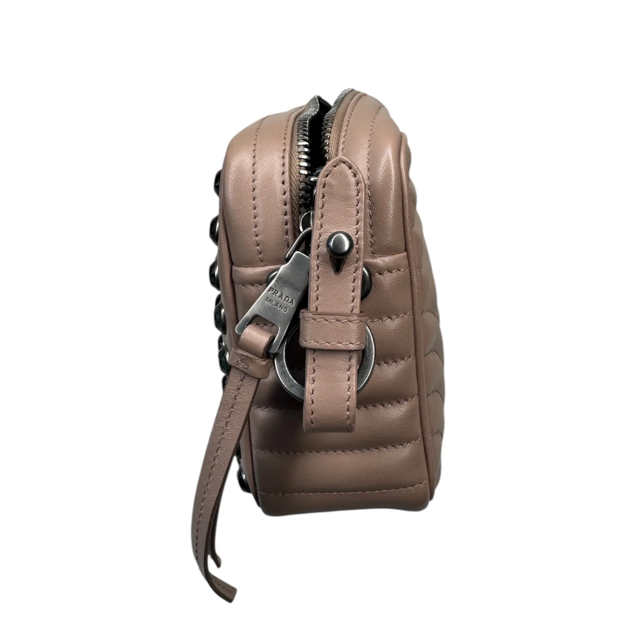 PRE-OWNED Beige Leather Crystal Studded Camera Bag